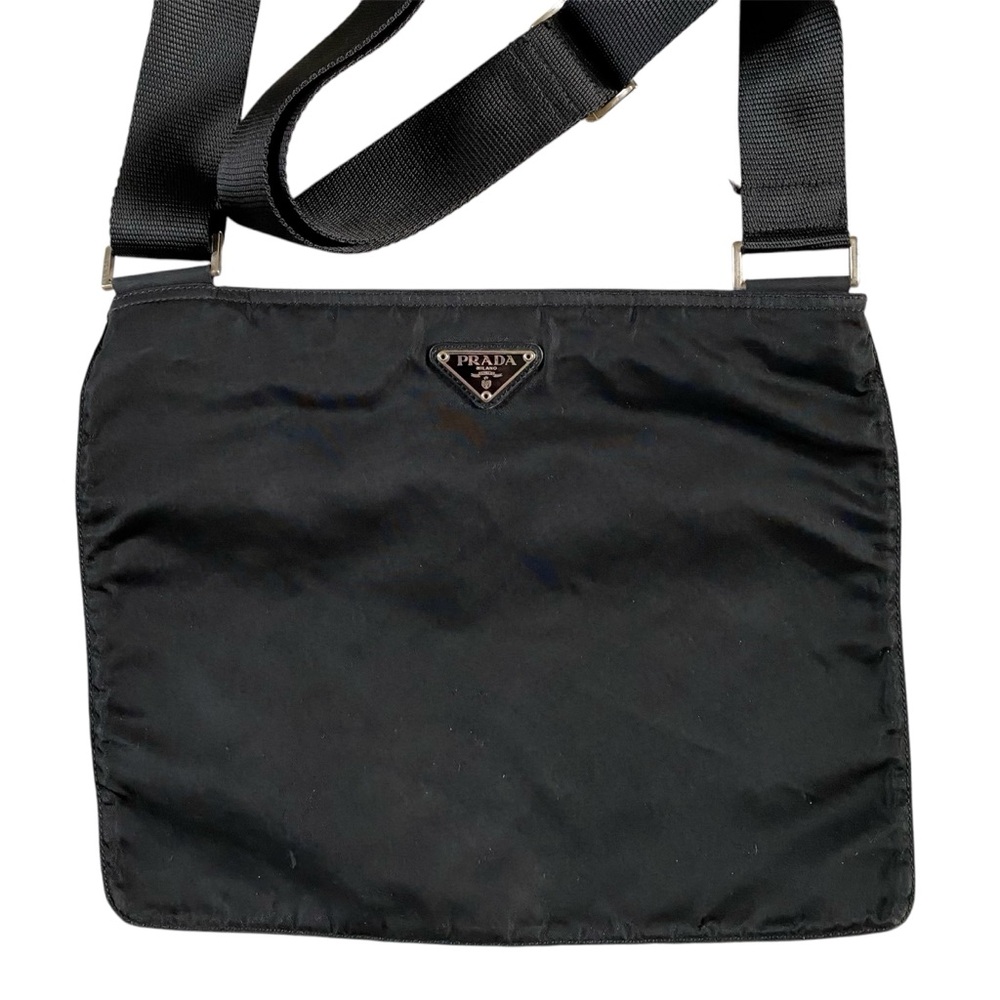 AUTHENTIC PRADA NYLON CROSS-BODY FLAT ZIPPER BAG BLACK, H: 10” X W: 12.25” - Picture 9 of 14